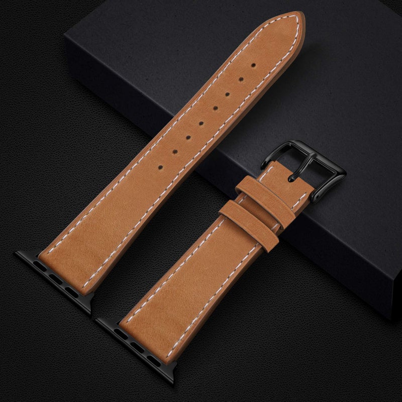 MARGE PLUS Compatible with Apple Watch Band 42mm 44mm, Genuine Leather Replacement Band Compatible with Apple Watch Series 5 4 (44mm) Series 3 2 1 (42mm), Brown Band/Black Adapter - Image 4